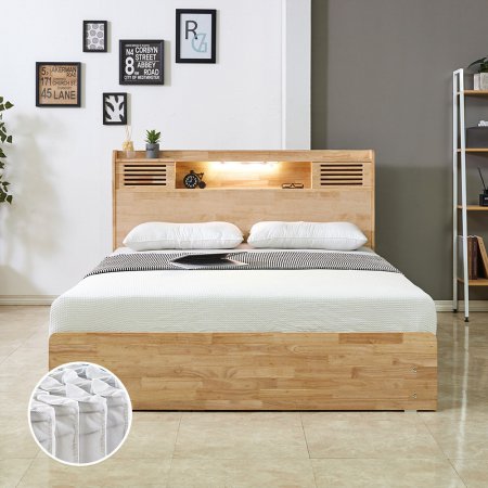   프롬 LED 고무나무 원목 침대 Q+독립매트 DF918936 
