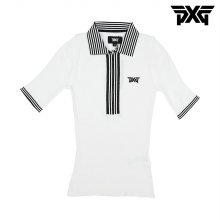 [해외직구] PXG 여성 골프웨어 스트라이프 폴로 카라 반팔 티셔츠 화이트