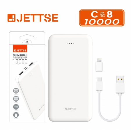 JETTSE 슬림 듀얼 보조 배터리 1만[화이트][10,000mAh][A타입/5핀/C타입]