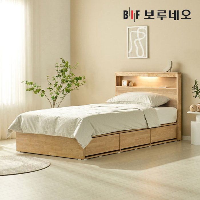 보루네오 BIF 뉴키Po 3서랍 고무나무 원목 침대 LED 수납 프레임 SS