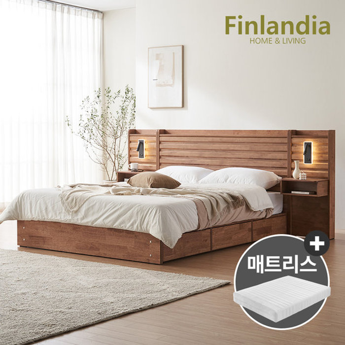 핀란디아 딜라이 원목 호텔식 수납 퀸침대Q+독립매트리스+LED조명협탁2개