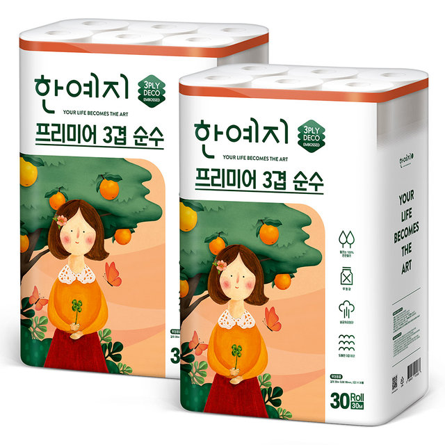 프리미어 3겹 순수 천연펄프 화장지 30m 30롤 2팩