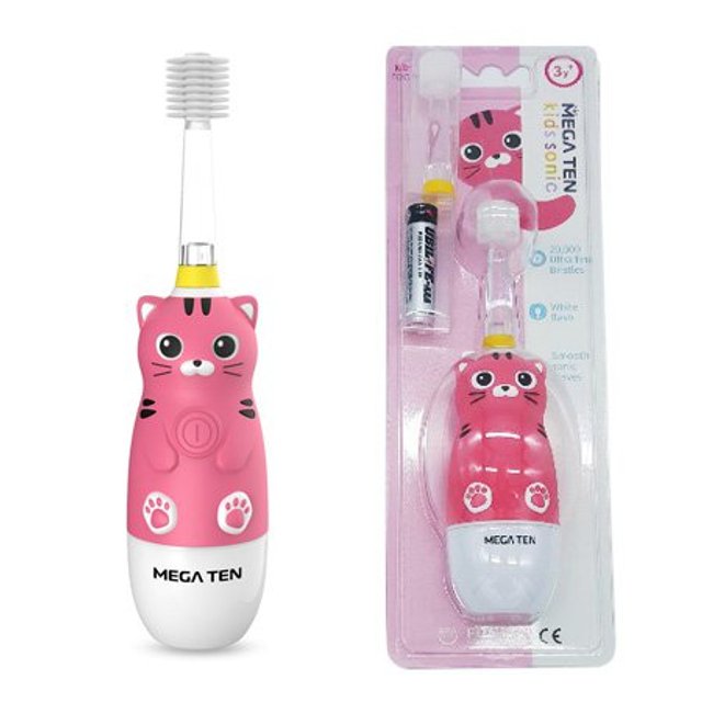 소닉 어린이 LED 음파 진동 전자동칫솔 MB-KS6008CA (고양이)본품+리필헤드1개+건전지 [LED 플래시 / 타이머 / 방수]