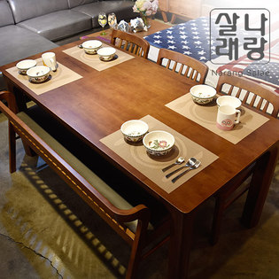 [파뜨가구] 하델린 6인용 고무나무 원목 식탁 (의자3,벤치1)/전국착불
