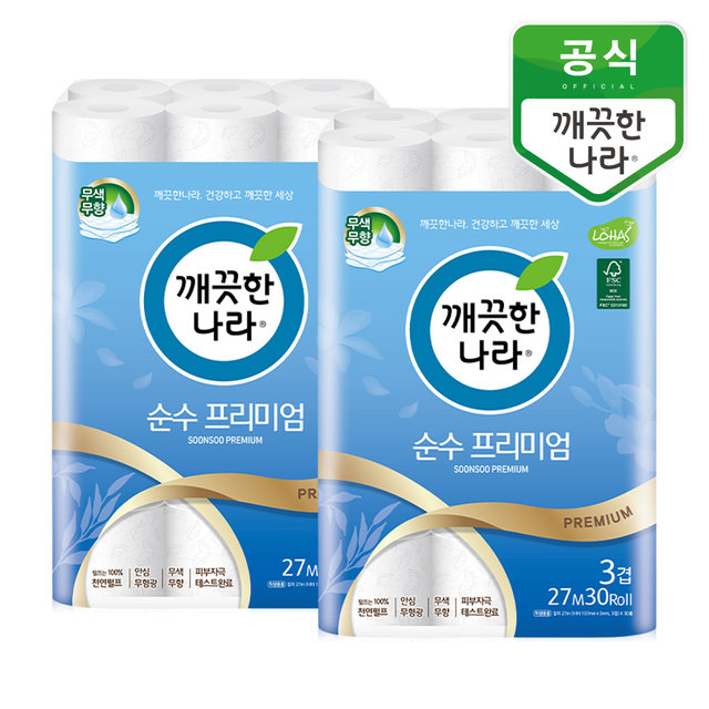 순수 프리미엄 3겹 천연펄프 화장지 27m 30롤 x 2팩