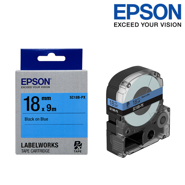 엡손 라벨테이프 SC18B-PX 파랑배경 검정글씨 폭 18mm
