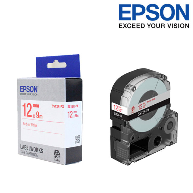 엡손 라벨테이프 SS12R-PX 흰색배경 빨강글씨 폭 12mm