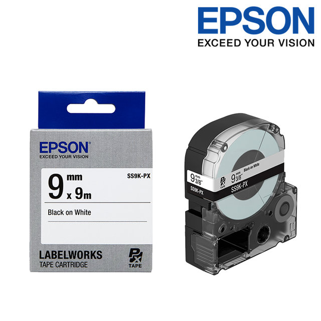 엡손 라벨테이프 SS9K-PX 흰색배경 검정글씨 폭 9mm
