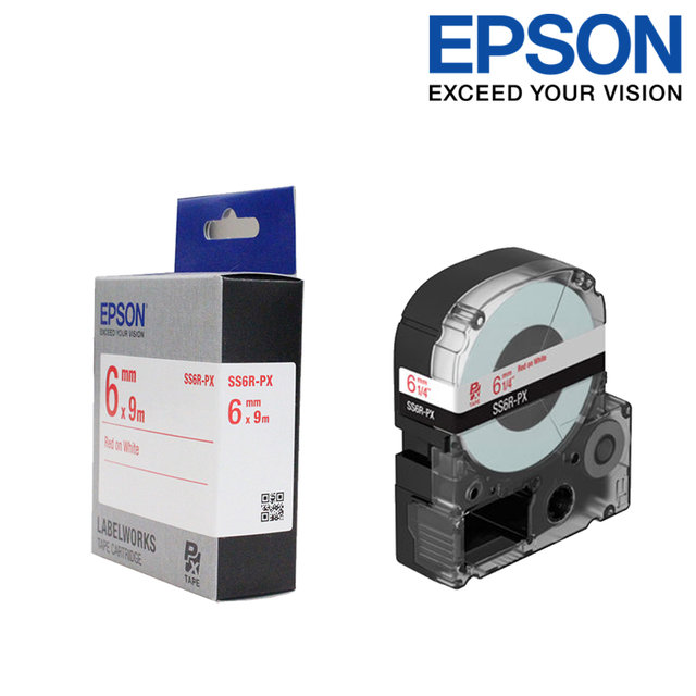 엡손 라벨테이프 SS6R-PX 흰색배경 빨강글씨 폭 6mm