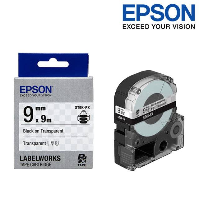 엡손 라벨테이프 ST9K-PX 투명배경 검정글씨 폭 9mm