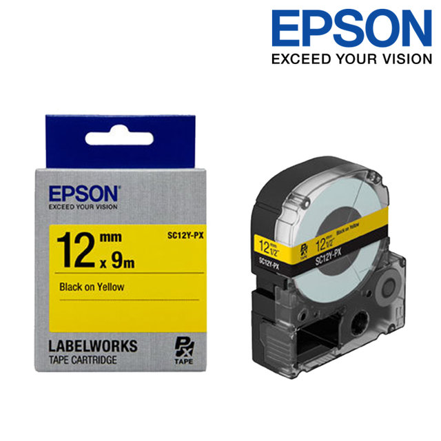 엡손 라벨테이프 SC12Y-PX 노랑배경 검정글씨 폭 12mm