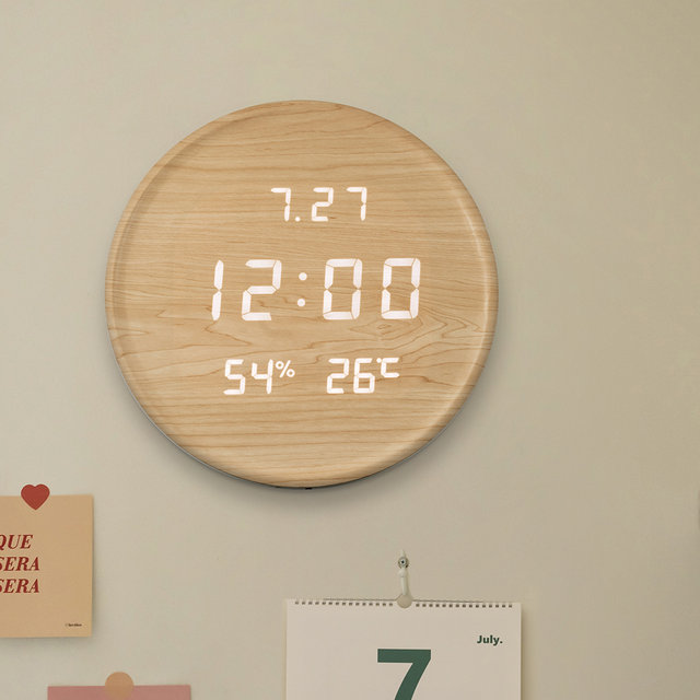 플라이토 루나 온습도 우드 인테리어 LED 벽시계 29.5cm