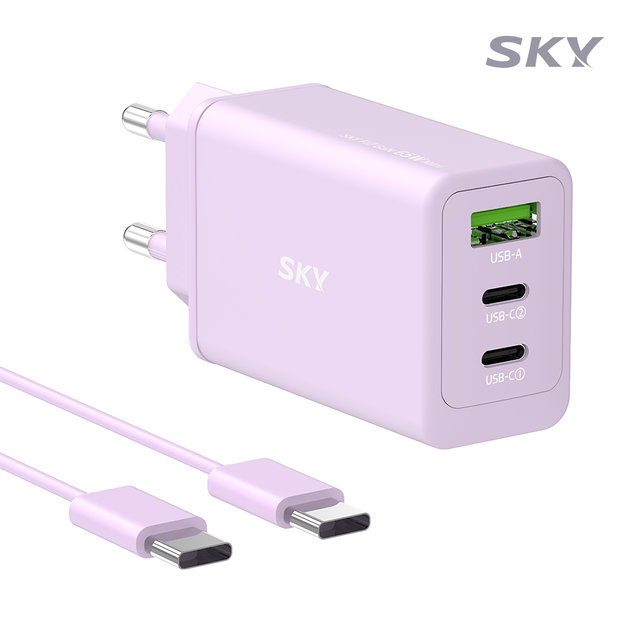 [케이블 세트] 스카이 필 GaN 65W PD 미니 3포트 멀티 초고속 충전기+CtoC 고속충전 케이블 USB C타입 PPS