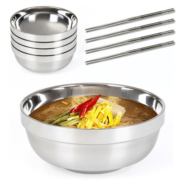 면기 18cm 4P+젓가락 4벌세트 떡국 냉면 우동 큰 스텐 이중그릇