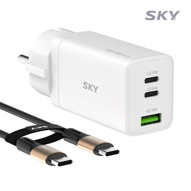 [케이블 세트] 스카이 필 접지 GaN 65W PD PPS 3포트 멀티 초고속 충전기+CtoC 60W 고속 충전 케이블 USB C타입 아이폰 맥북 아이패드 고속 어댑터