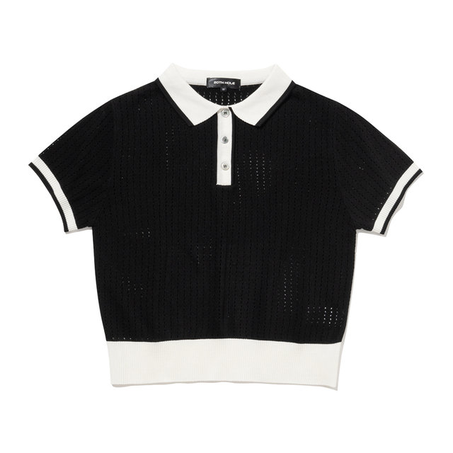 펀칭 카라 여성 반팔 크롭 니트[BLACK]