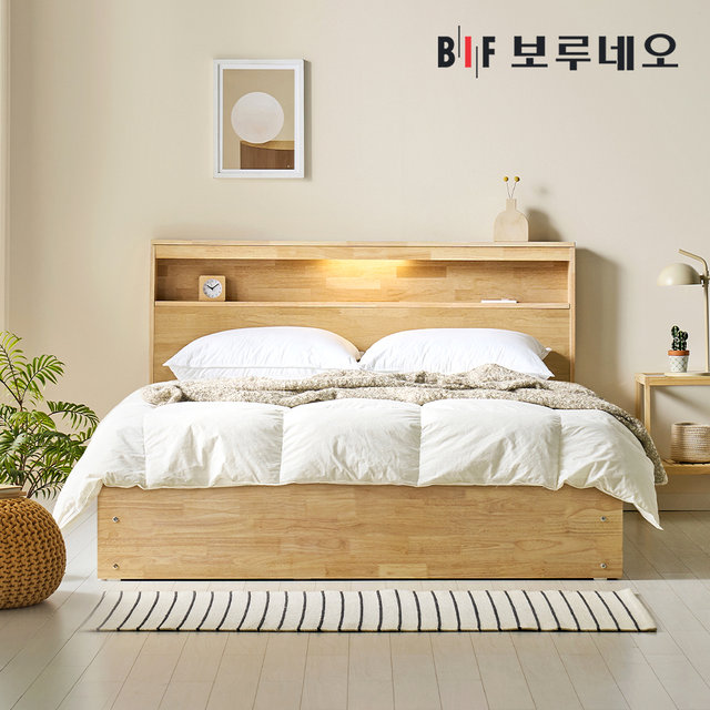 뉴키Po 3서랍 고무나무 원목 침대 LED 본넬매트리스 세트 Q