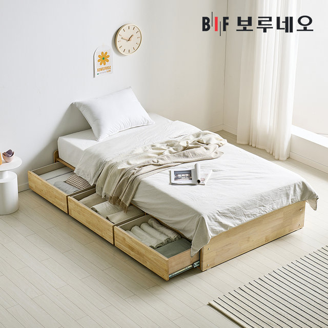 네이블Po 무헤드 3서랍 고무나무 원목 침대 본넬유로탑 세트 SS