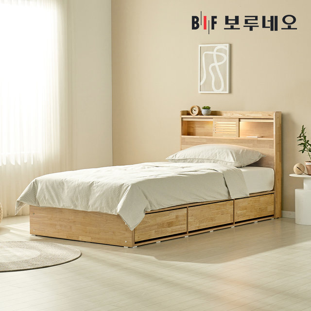 카뮤Po 3서랍 고무나무 원목 침대 LED 독립유로탑 세트 SS