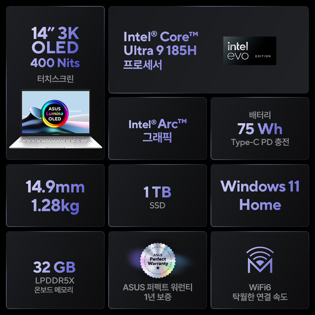 [혜택가 168만]  ASUS 젠북 OLED 14 UX3405MA-PZ669W 인텔 U9-185H
