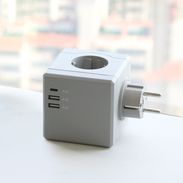 큐브 디자인 멀티탭 USB C타입 3구 그레이