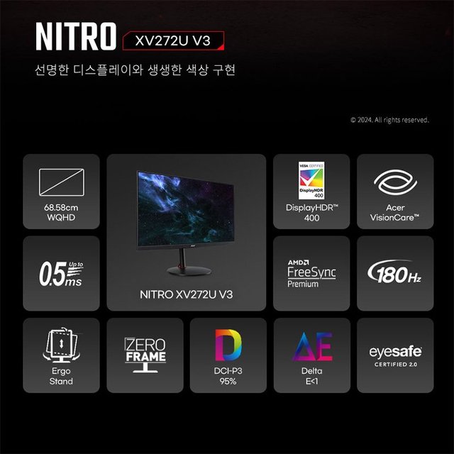 [한성] 에이서 니트로 XV272U V3 WQHD Fast IPS 180HZ 68.58cm 27 게이밍 모니터 (무결점)