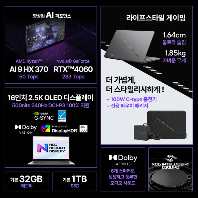 ASUS ROG 제피러스 G16 GA605WV-QR066W 라이젠 AI 9 HX 370/RTX4060/DCI-P3 100%/Win11