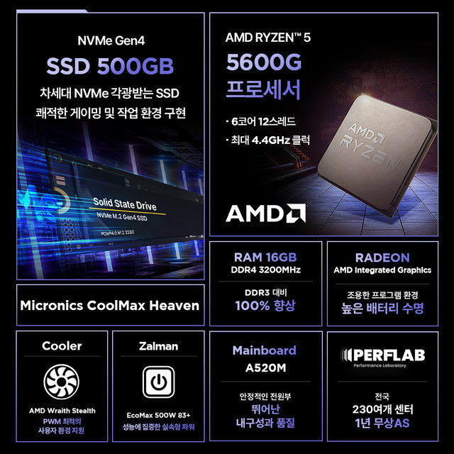라이젠5 5600G 16GB 500GB 사무용 컴퓨터 내장 그래픽 데스크탑 조립 PC