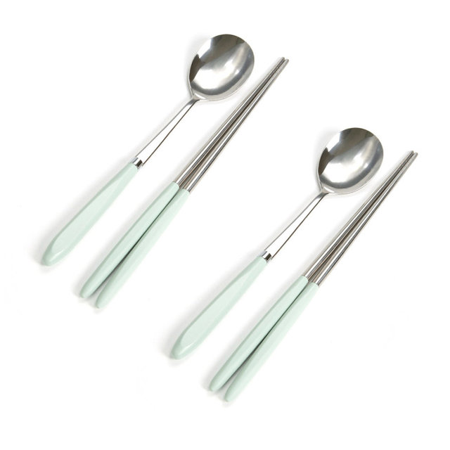 유광 수저세트 2개 (민트) 신혼부부 스텐 식당 가족 2인 젓가락 숟가락