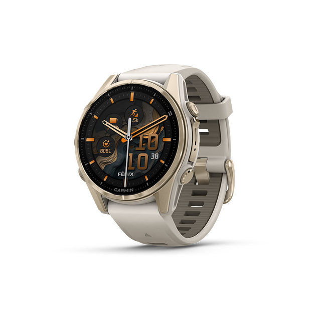 Garmin 피닉스 8 43mm 아몰레드 사파이어 소프트 골드 포그 그레이 밴드 GPS