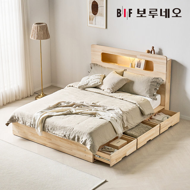 코지 3서랍 편백나무침대 원목 수납헤드 더블 프레임