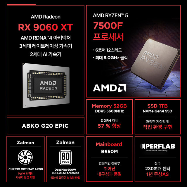 라이젠5 7500F RX 9060 XT 8GB 32GB 1TB 게이밍 컴퓨터 데스크탑 조립 PC