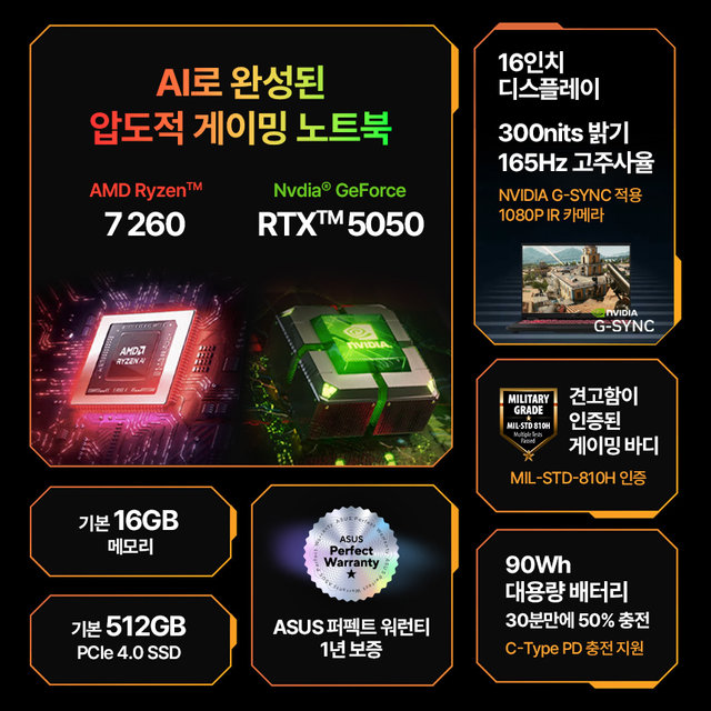 ASUS TUF A16 FA608UH-RV039 R7 260 RTX5050 16GB 512GB FreeDOS 2025 노트북