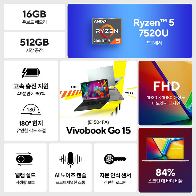 ASUS 비보북 고 15 E1504FA-BQ2579W AMD Ryzen 5 7520U 16GB 512GB Windows11 노트북