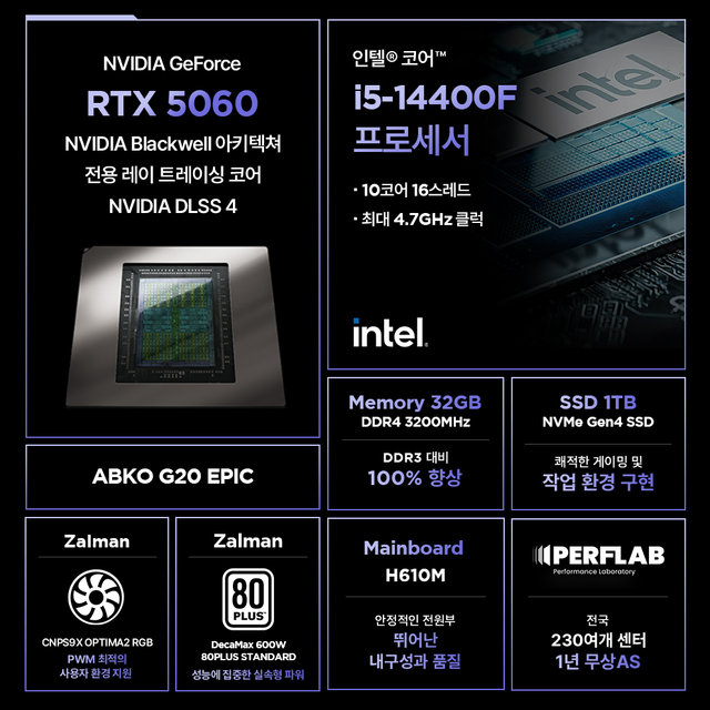 인텔 i5-14400F RTX 5060 8GB 32GB 1TB 게이밍 컴퓨터 데스크탑 조립 PC 