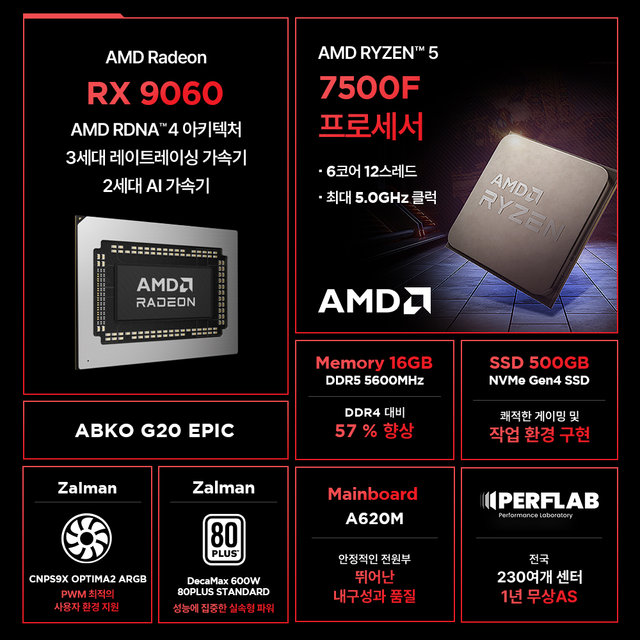 라이젠5 7500F RX 9060 8GB 16GB 500GB 게이밍 컴퓨터 데스크탑 조립 PC