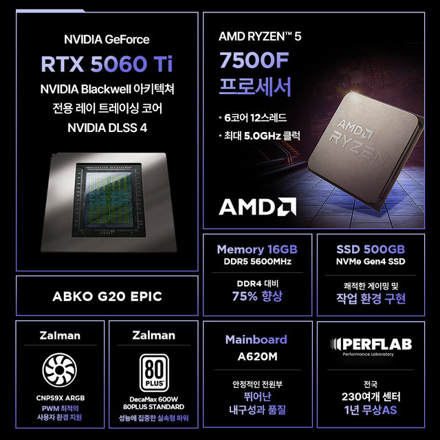라이젠5 7500F RTX 5060Ti 8GB 16GB 500GB 게이밍 컴퓨터 데스크탑 조립 PC