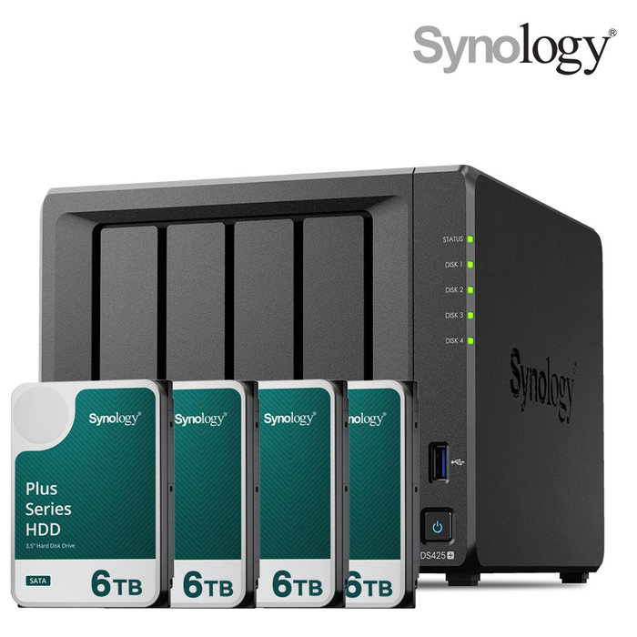 시놀로지 나스 DS425+4bay 24TB HAT3300-6TBX4EA 합본 기업용 NAS