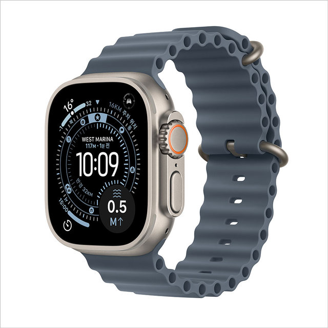 애플워치 울트라 3 49mm, GPS + Cellular (내추럴 티타늄, 앵커 블루 오션 밴드, Regular) - [MEWH4KH/A]