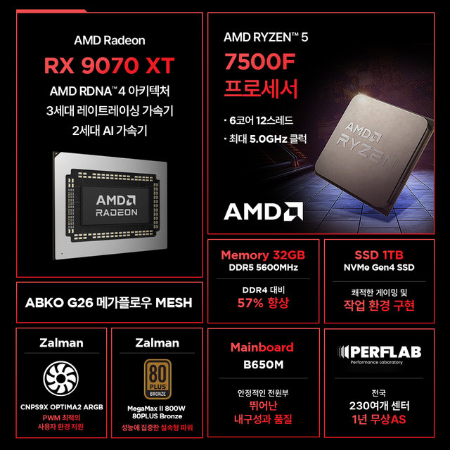 라이젠5 7500F RX 9070 XT 16GB 32GB 1TB 게이밍 컴퓨터 데스크탑 조립 PC