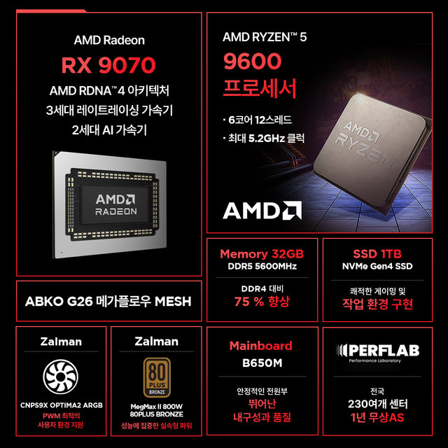 라이젠5 9600 RX 9070 16GB 32GB 1TB 게이밍 컴퓨터 데스크탑 조립 P