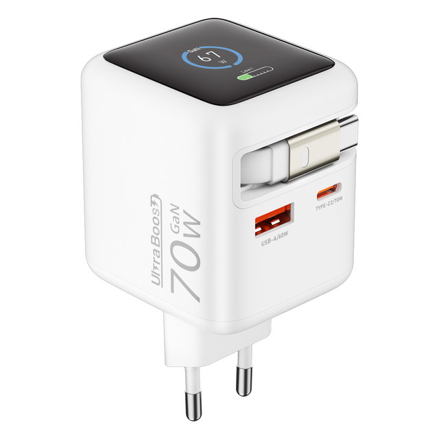울트라부스트 70W GaN AI 컬러 액정 케이블 일체형 2포트 충전기 (ULTAI70)