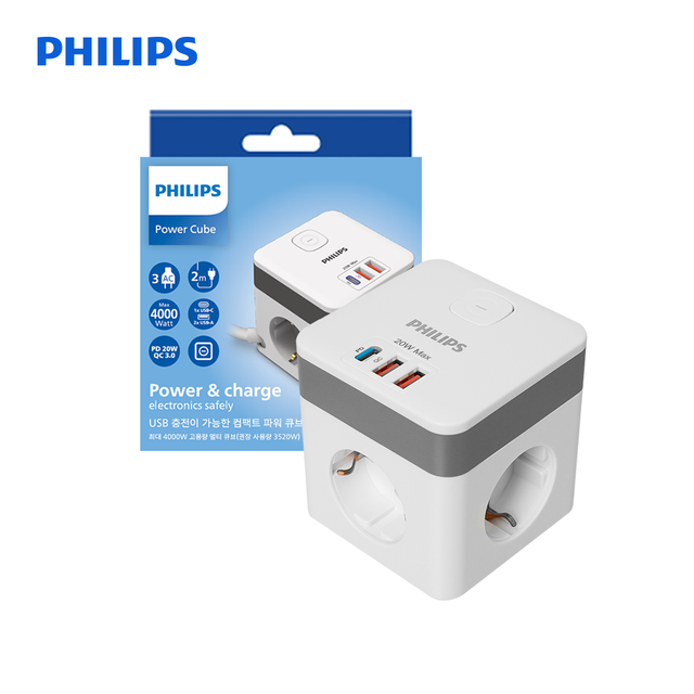[비밀특가] 필립스 고용량 파워 큐브 멀티탭 3구 USB C타입 A타입 2M