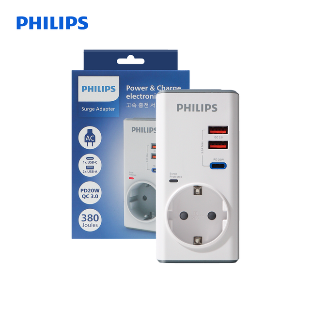 [비밀특가] 필립스 서지보호 무선 고용량 멀티탭 안전 접지 고속충전 1구 USB 3포트 A타입 C타입
