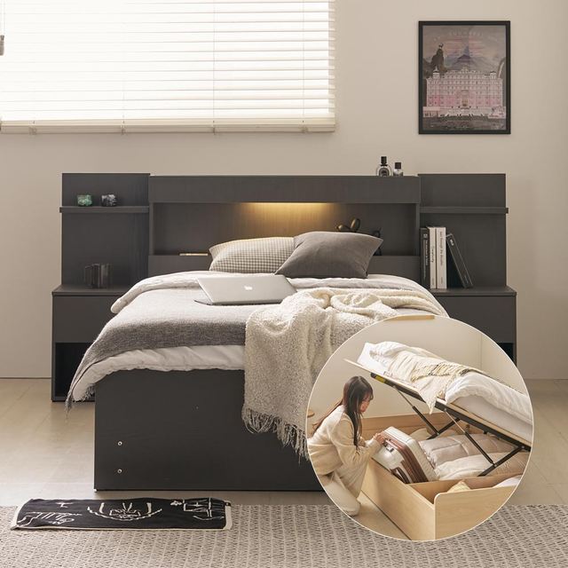 슬립스토아 유니즌 리프트업 LED 수납 침대 프레임 SS