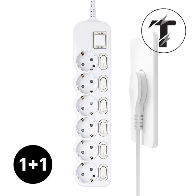 1+1 탭앤탭 국산 개별 스위치 과부하차단 납작플러그 슬림플러그 멀티탭 6구 3m 전기세 절약 멀티콘센트