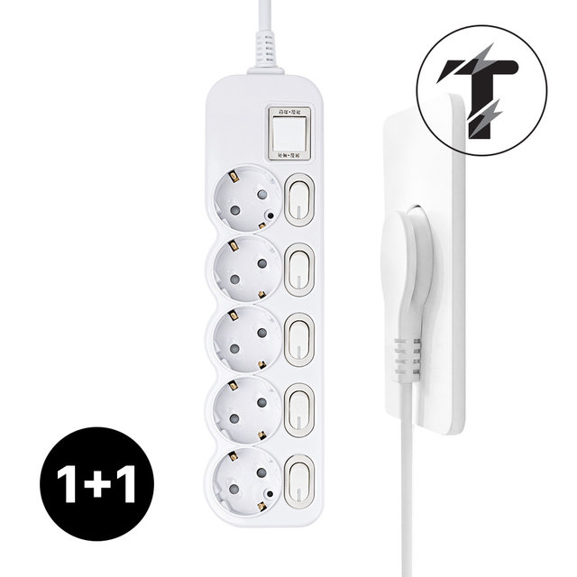 1+1 탭앤탭 국산 개별 스위치 과부하차단 납작플러그 슬림플러그 멀티탭 5구 1.5m 전기세 절약 멀티콘센트